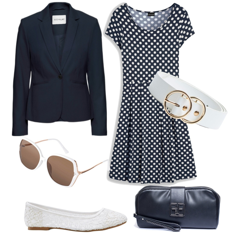 Outfit donna - New polka dots. Stile Chic per Tutti i giorni. Abbinamento con vestiti, blazer, ballerine, occhiali da sole, cinture, pochette.