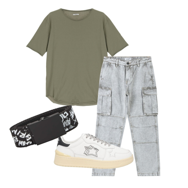 Outfit uomo - I cargo chiari. Stile Casual per Tutti i giorni. Abbinamento con sneakers, jeans, cinture, t-shirt.