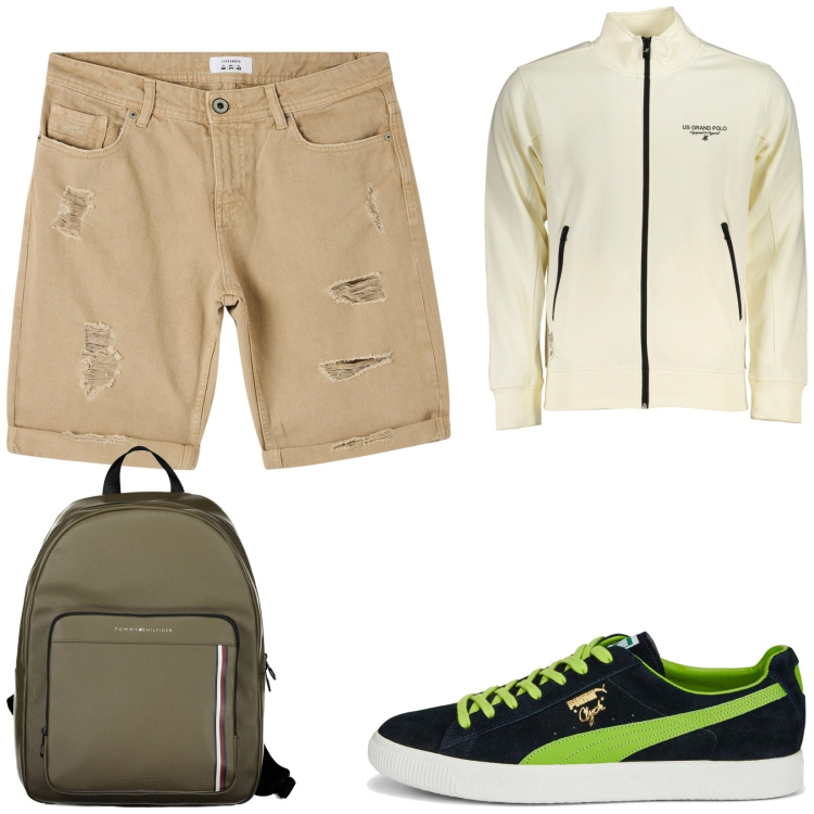 Outfit uomo - Casual/girno. Stile Casual per Tutti i giorni. Abbinamento con bermuda, borse sportive, felpe, sneakers.