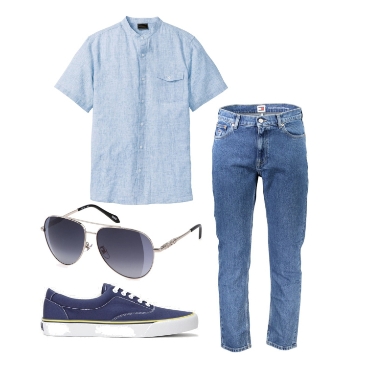 Outfit uomo - In total blu. Stile Casual per Tutti i giorni. Abbinamento con camicie a manica corta, sneakers, jeans, occhiali da sole.