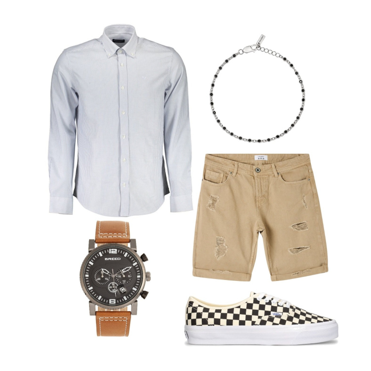 Outfit uomo - Le Vans in città. Stile Casual per Tutti i giorni. Abbinamento con orologi, bermuda, braccialetti, sneakers, camicie.