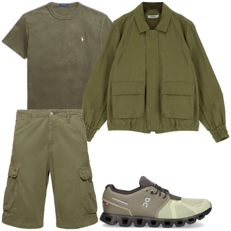 Outfit uomo - Verde militare. Stile Casual per Tutti i giorni. Abbinamento con giacche, t-shirt, sneakers, shorts.