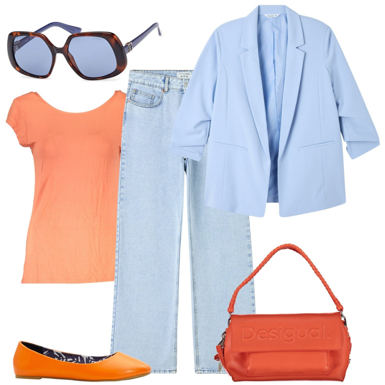 Outfit donna - Azzurro polvere. Stile Casual per Tutti i giorni. Abbinamento con ballerine, jeans, blazer, t-shirt, borse a spalla, occhiali da sole.