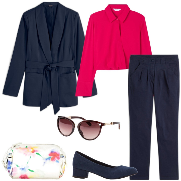 Outfit donna - In città. Stile Casual chic per Tutti i giorni. Abbinamento con pantaloni chino, occhiali da sole, blazer, décolleté, bluse, borse a tracolla.