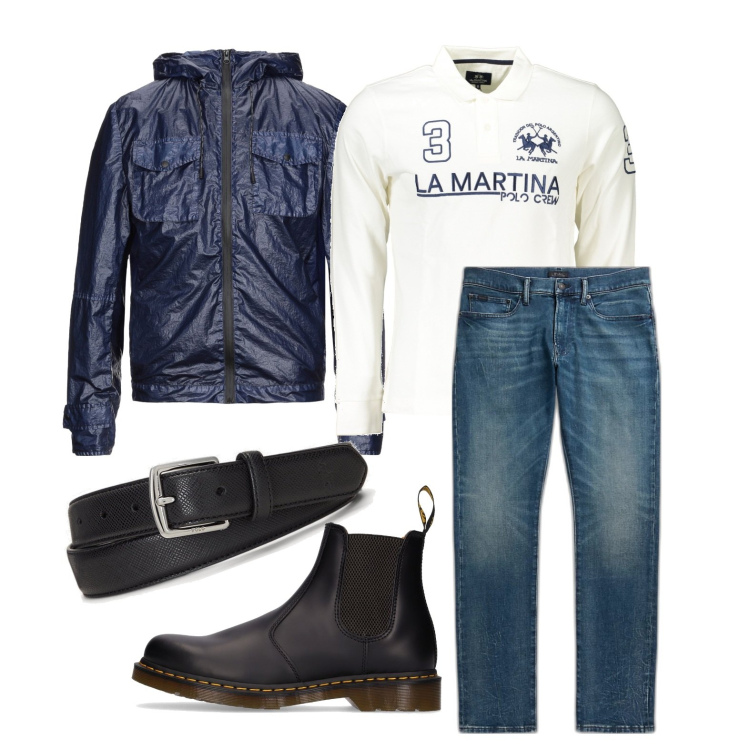 Outfit uomo - Piove in città. Stile Casual per Tutti i giorni. Abbinamento con giacche, cinture, jeans, stivali e stivaletti, polo.