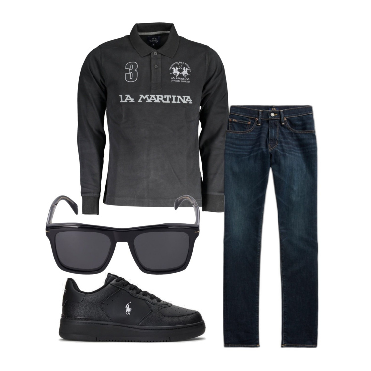 Outfit uomo - Tenebroso. Stile Casual per Tutti i giorni. Abbinamento con sneakers, jeans skinny, occhiali da sole, polo.