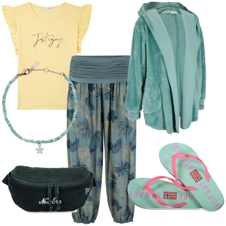 Outfit donna - Abbinata di colori. Stile Casual per Tutti i giorni. Abbinamento con pantaloni, blazer, t-shirt, braccialetti, infradito, marsupi.