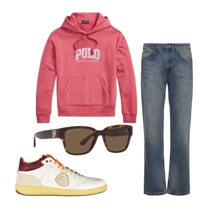 Outfit uomo - La mia felpa preferita. Stile Casual per Tutti i giorni. Abbinamento con occhiali da sole, felpe con cappuccio, jeans dritti, scarpe sportive.