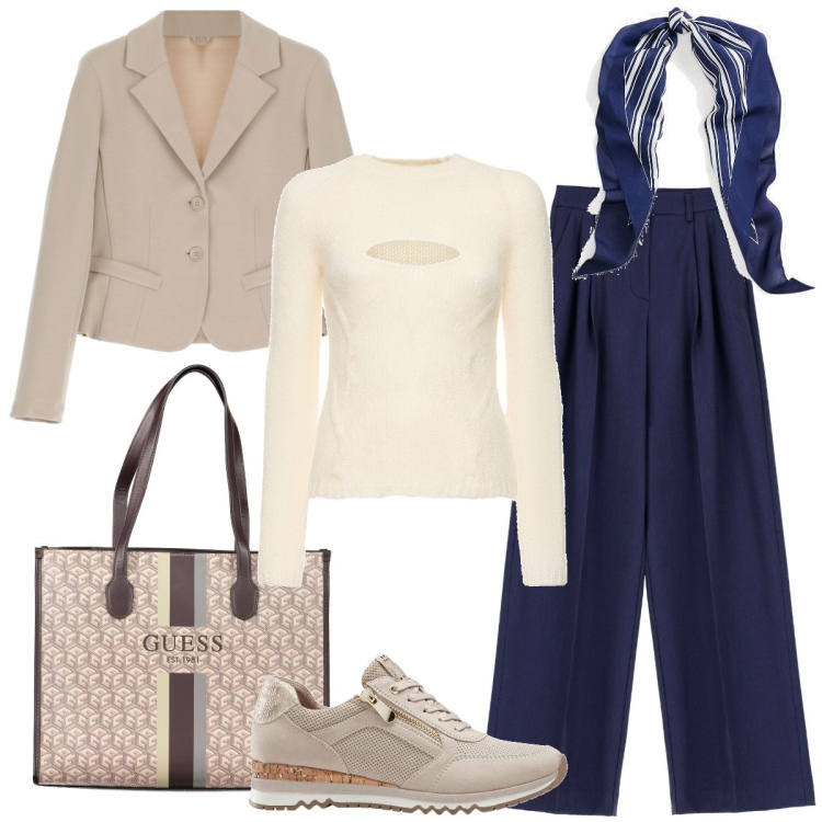 Outfit donna - Capsule: primavera minimal. Stile Casual chic per Ufficio. Abbinamento con sneakers, jeans dritti, blazer, sciarpe, maglieria, borse a spalla.