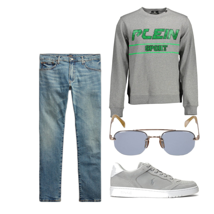 Outfit uomo - In centro. Stile Trendy per Tutti i giorni. Abbinamento con jeans, scarpe sportive, occhiali da sole, felpe.