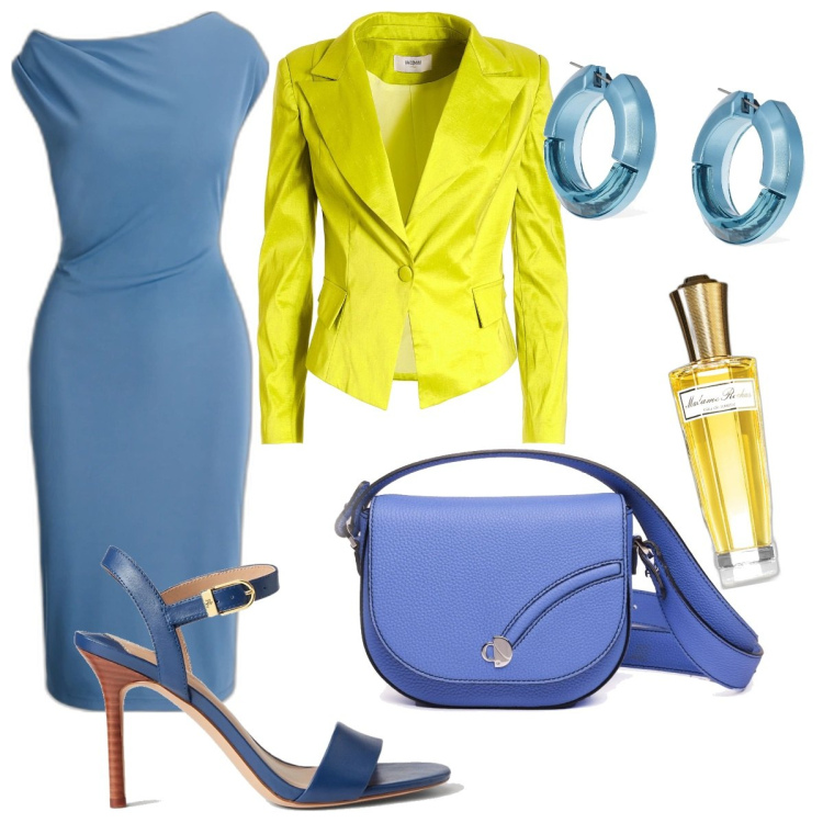 Outfit donna - Giallo e azzurro per la primavera. Stile Bon Ton per Cerimonia. Abbinamento con profumi, blazer, vestiti a tubino, sandali in pelle, orecchini, borse a tracolla.