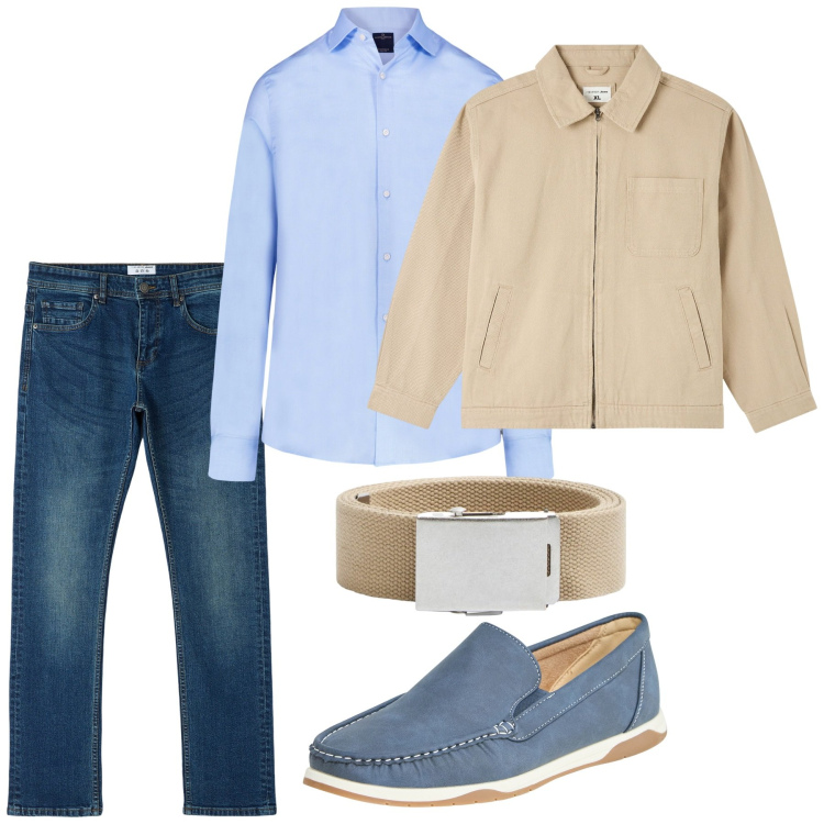 Outfit uomo - Tocco beige. Stile Casual per Tutti i giorni. Abbinamento con scarpe stringate, giacche, jeans dritti, cinture, camicie.
