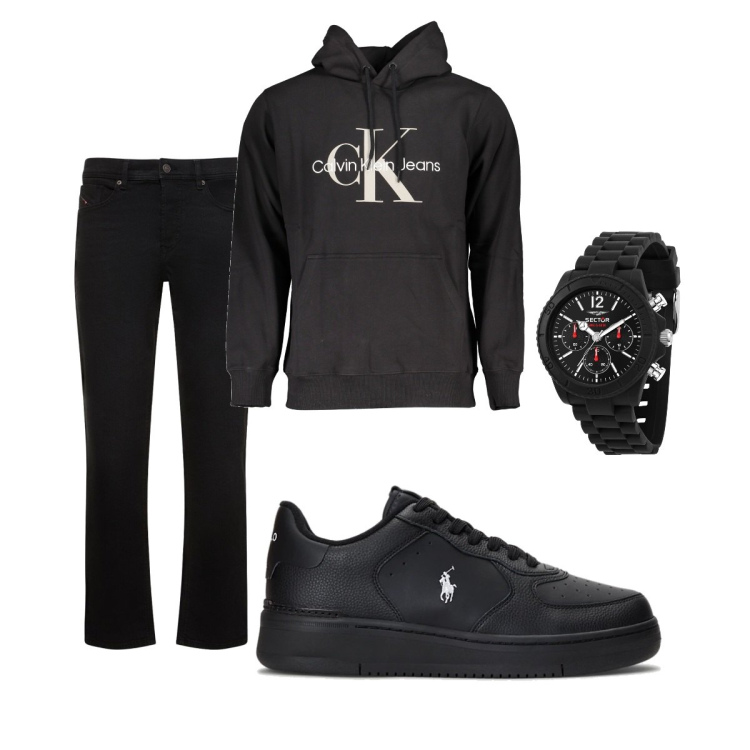 Outfit uomo - Total look #1861618. Stile Trendy per Tutti i giorni. Abbinamento con orologi, sneakers, jeans, felpe con cappuccio.