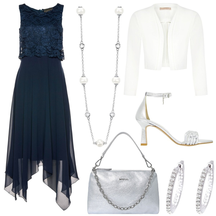 Outfit donna - Il vestito blu notte - curvy style. Stile Chic per Serata fuori. Abbinamento con vestiti midi/longuette, collane, orecchini, blazer, pochette, décolleté.