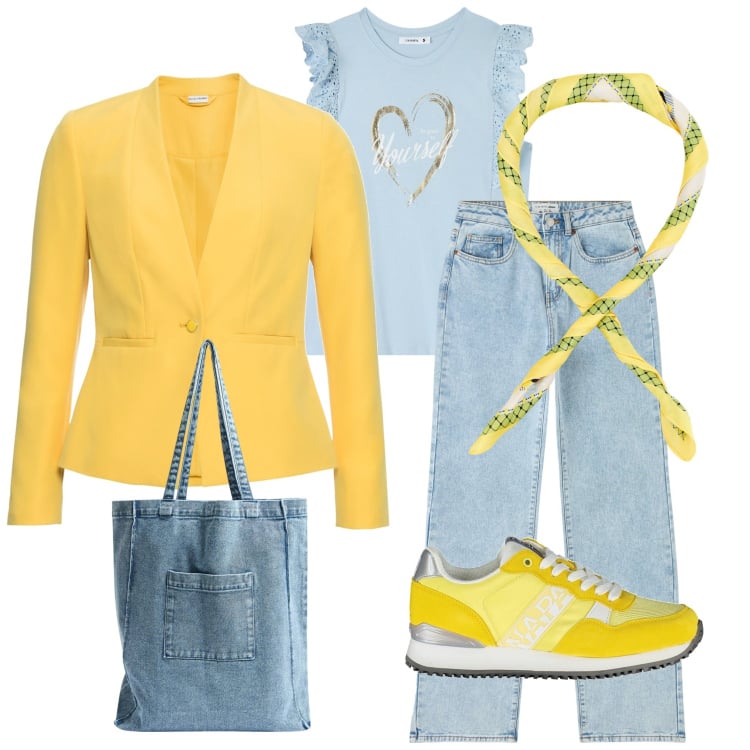 Outfit donna - Giallo e azzurro. Stile Casual per Tutti i giorni. Abbinamento con blazer, t-shirt, jeans dritti, shopping bag, foulard, scarpe sportive.