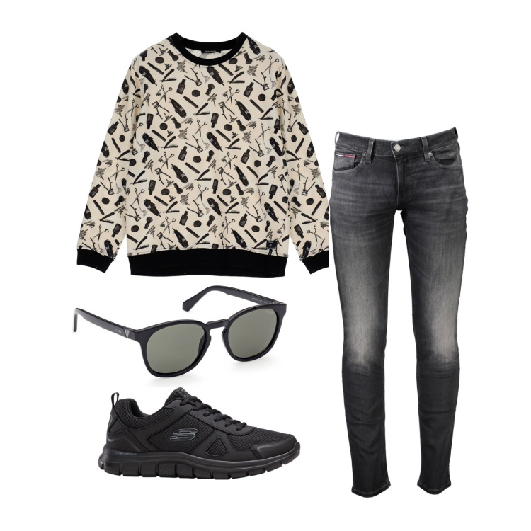 Outfit uomo - La felpa a fantasia. Stile Trendy per Tutti i giorni. Abbinamento con sneakers, felpe, occhiali da sole, jeans.