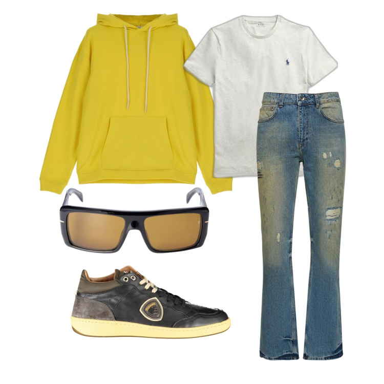 Outfit uomo - Solare. Stile Trendy per Tutti i giorni. Abbinamento con felpe con cappuccio, t-shirt, jeans dritti, scarpe sportive, occhiali da sole.