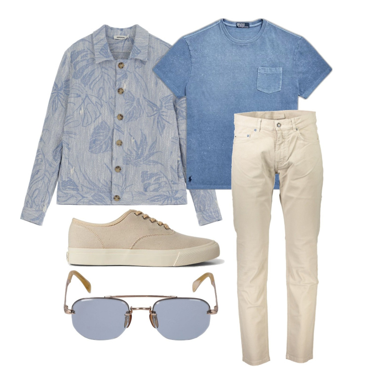 Outfit uomo - I pantaloni chiari. Stile Casual per Tutti i giorni. Abbinamento con giacche, sneakers, t-shirt, occhiali da sole, pantaloni.