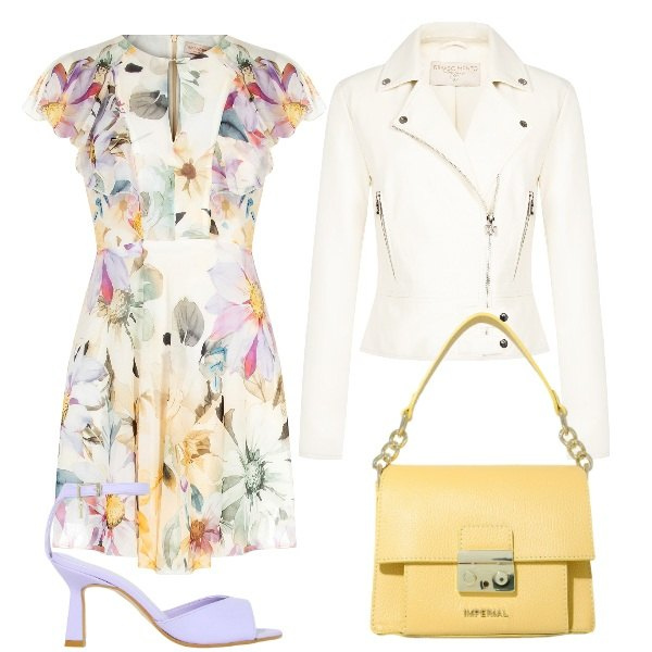 Outfit donna - Fantasia Floreale.. Stile Casual chic per Serata fuori. Abbinamento con vestiti corti, giacche, pochette, décolleté.