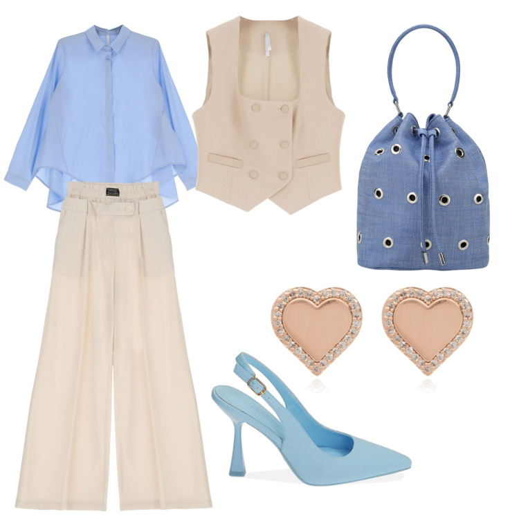 Outfit donna - Una serata tra amici. Stile Glamour per Cerimonia. Abbinamento con orecchini, camicie, pantaloni a palazzo, gilet, décolleté, borse a secchiello.