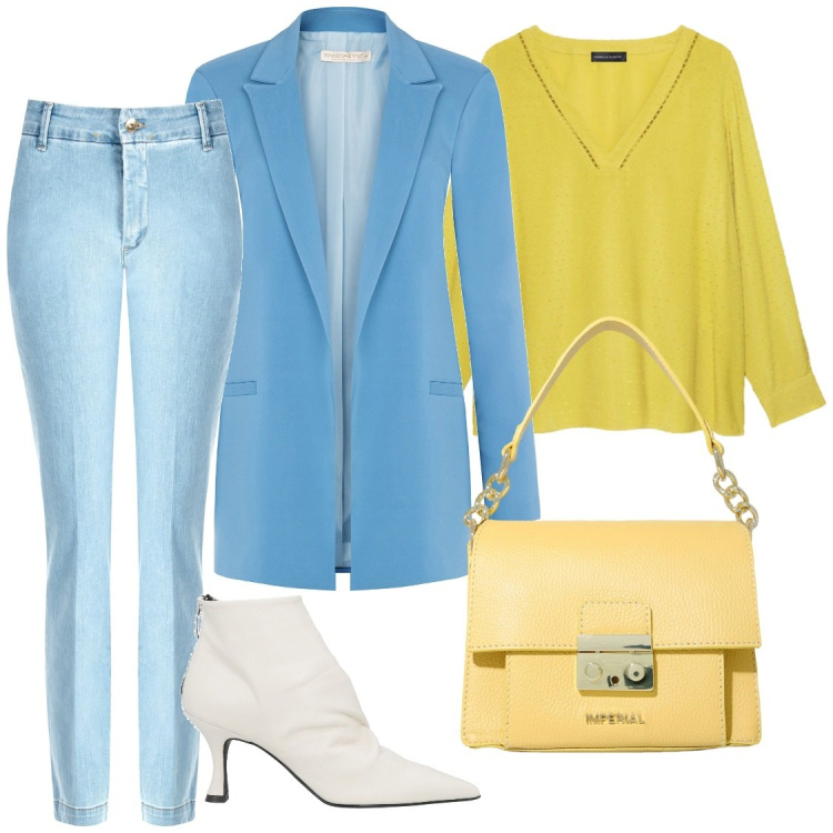 Outfit donna - Blaterare azzurro. Stile Casual chic per Ufficio. Abbinamento con stivaletti, jeans skinny, blazer, pochette, bluse.