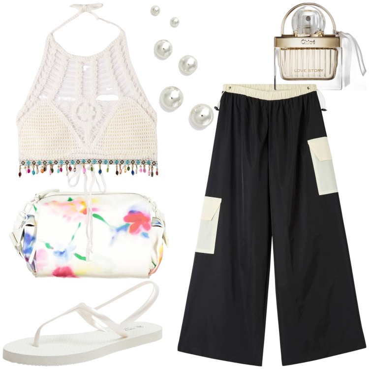 Outfit donna - In maggio. Stile Casual per Tutti i giorni. Abbinamento con profumi, sandali, pantaloni cargo, top, orecchini, borse a tracolla.