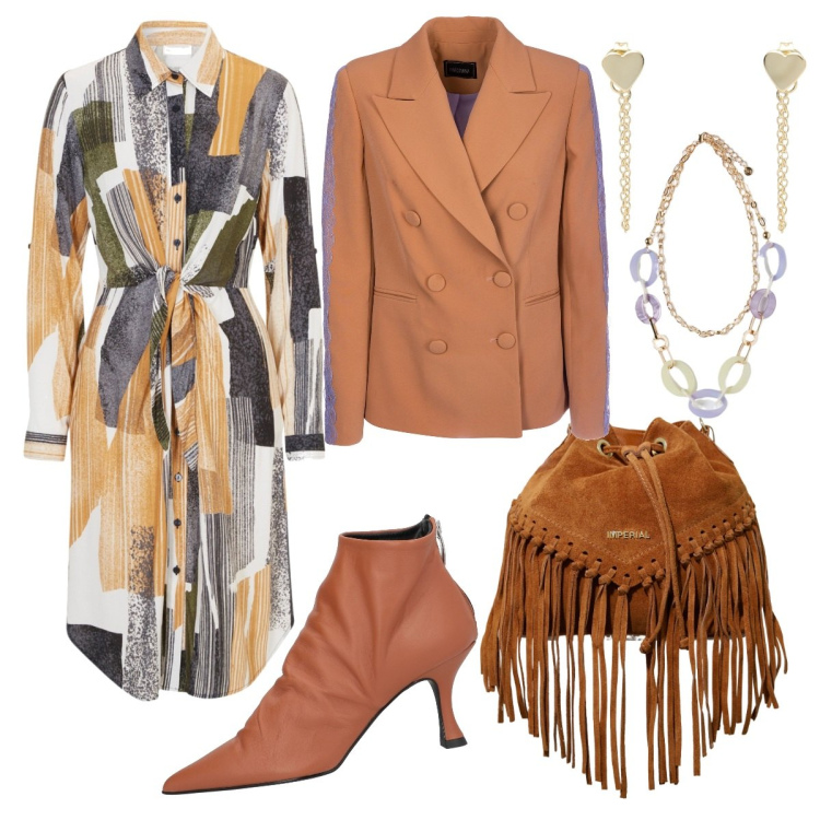 Outfit donna - Un pochino country. Stile Minimal per Tutti i giorni. Abbinamento con vestiti chemisier, stivaletti, orecchini, borse a secchiello, blazer, ciondoli.