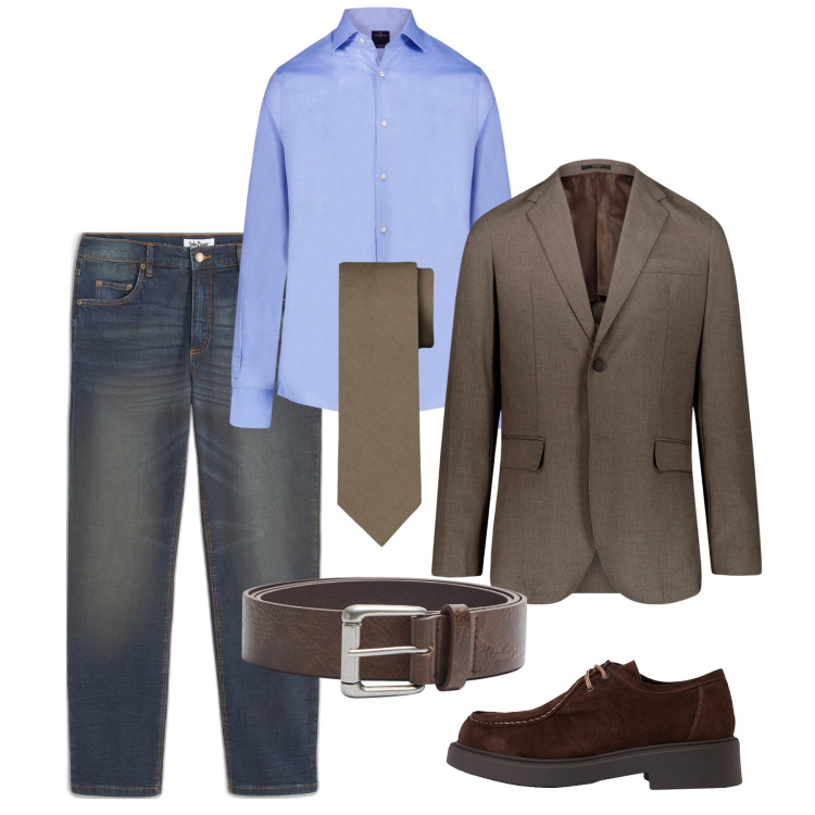 Outfit uomo - Coordinato in jeans. Stile Business/Elegante per Serata speciale. Abbinamento con jeans dritti, scarpe stringate, cinture, giacche, camicie, cravatte.