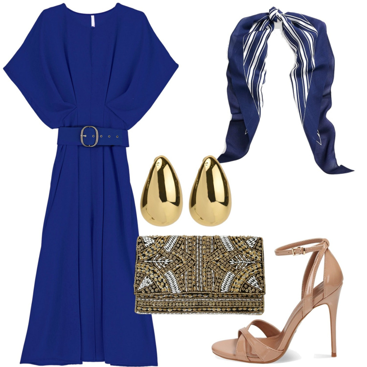 Outfit donna - In blu. Stile Casual chic per Cerimonia. Abbinamento con orecchini, vestiti midi/longuette, sandali col tacco, pochette, sciarpe.
