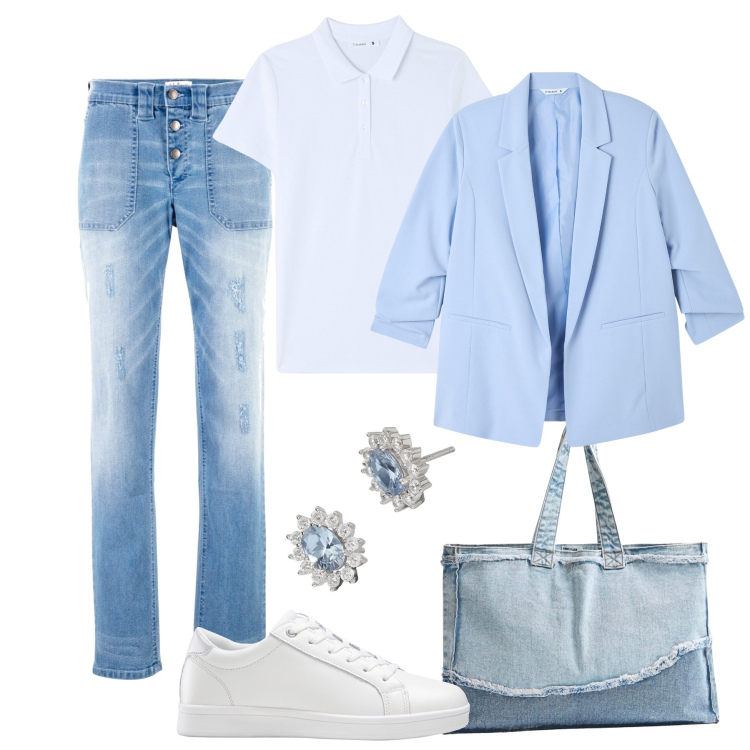Outfit donna - Tutto interscambiabile !. Stile Trendy per Tutti i giorni. Abbinamento con jeans boyfriend, sneakers, blazer, polo, shopping bag, orecchini.