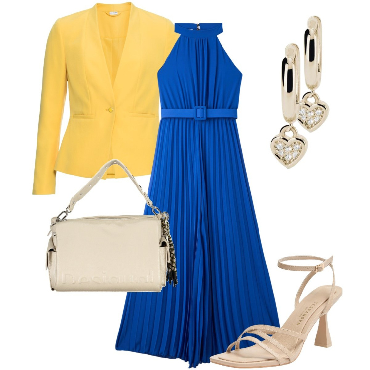 Outfit donna - Giallo e azzurro per la primavera. Stile Bon Ton per Cerimonia. Abbinamento con blazer, tute, sandali col tacco, orecchini, borse a spalla.