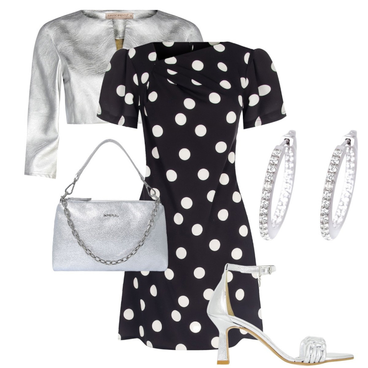 Outfit donna - Il minidress a pois. Stile Romantica per Cerimonia. Abbinamento con orecchini, bolero, vestiti asimmetrici, pochette, décolleté.