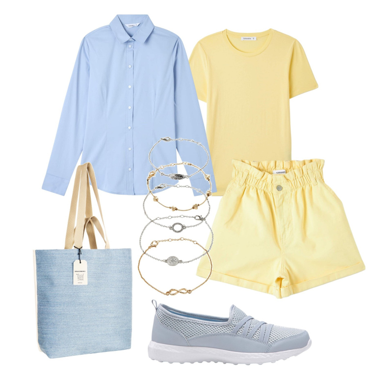 Outfit donna - Con la camicia aperta in libertà. Stile Casual per Tutti i giorni. Abbinamento con braccialetti con ciondoli, sneakers, camicie, t-shirt, shorts, borse tote.