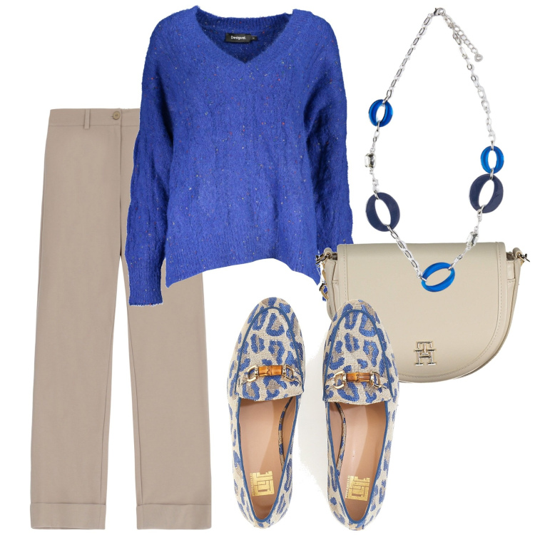 Outfit donna - Pittarello maculato. Stile Trendy per Ufficio. Abbinamento con pantaloni, mocassini, maglieria, borse a tracolla, ciondoli.