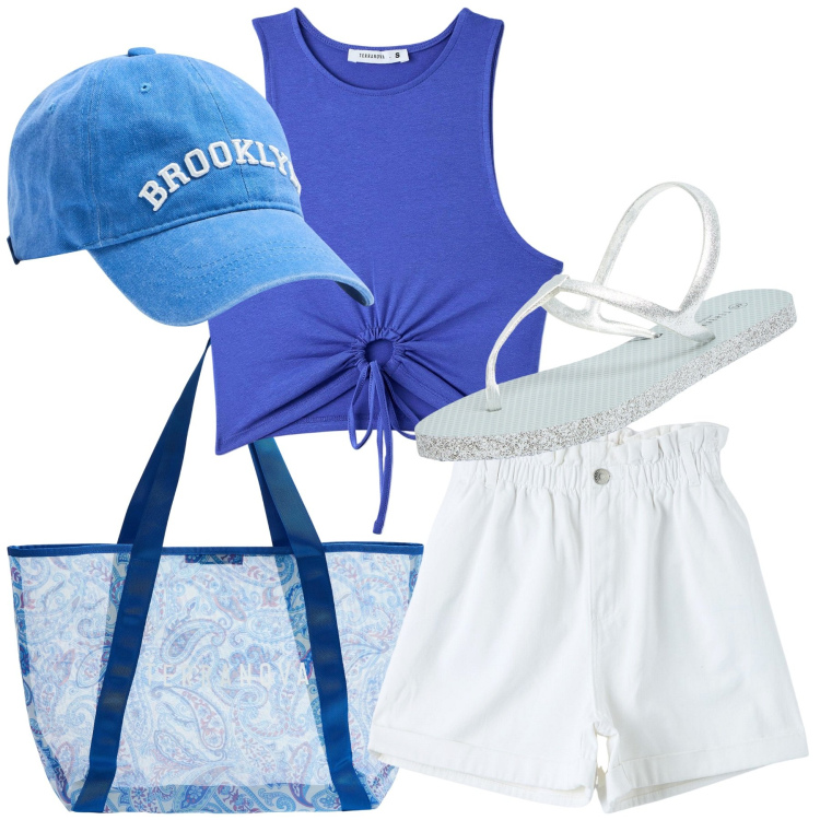 Outfit donna - Magica estate. Stile Sporty chic per Mare. Abbinamento con sandali, cappelli, shorts, shopping bag, top.