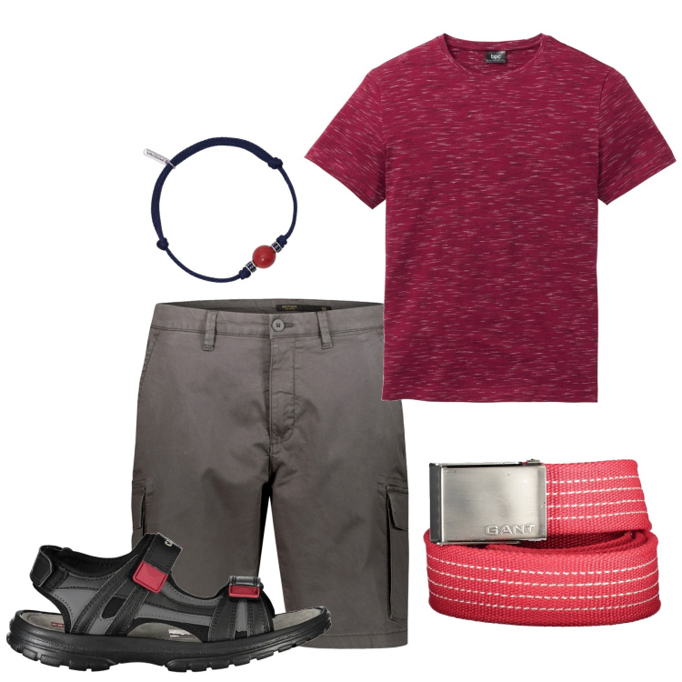 Outfit uomo - Zona mare. Stile Urban per Tutti i giorni. Abbinamento con t-shirt, braccialetti, bermuda, cinture, sandali.