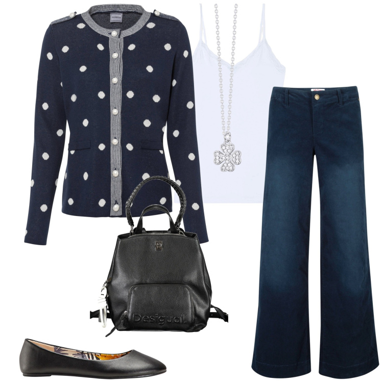 Outfit donna - Un capo a pois. Stile Casual per Tutti i giorni. Abbinamento con pantaloni, ballerine, cardigans, canottiere, collane, zaini.