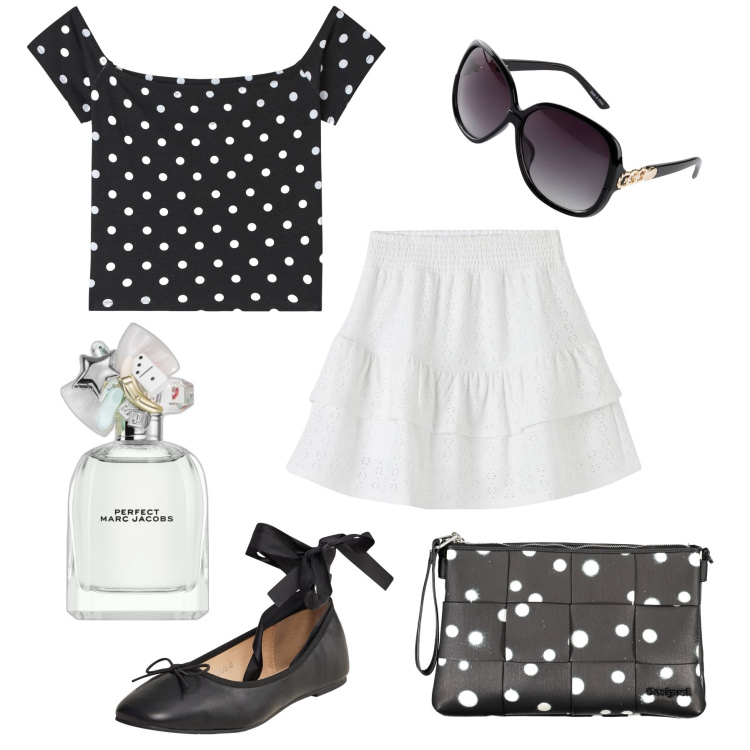 Outfit donna - Ballerina sbarazzina a pois !. Stile Romantica per Tutti i giorni. Abbinamento con occhiali da sole, profumi, minigonne, ballerine, t-shirt, borse a spalla.