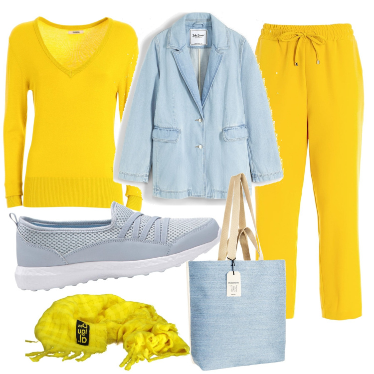 Outfit donna - Radiosa. Stile Casual chic per Tutti i giorni. Abbinamento con sneakers, blazer, borse tote, pantaloni, maglieria, sciarpe.
