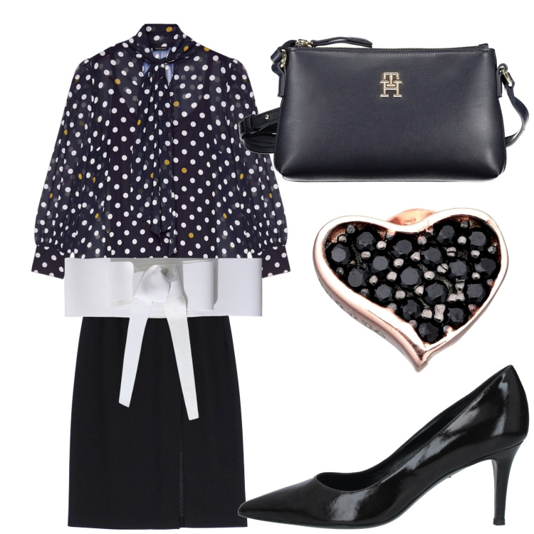 Outfit donna - In ufficio con la camicia a pois. Stile Vintage retrò per Ufficio. Abbinamento con orecchini, décolleté, cinture, gonne longuette, borse a tracolla, bluse.