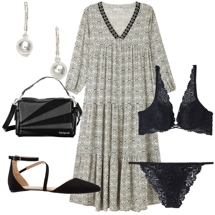 Outfit donna - Total look #1861847. Stile Casual per Tutti i giorni. Abbinamento con ballerine, vestiti lunghi, culotte, reggiseni, orecchini, borse a spalla.