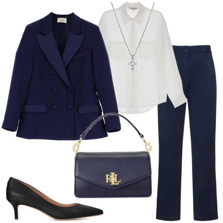Outfit donna - Tailleur blu e camicia bianca. Stile Chic per Cerimonia. Abbinamento con ciondoli, camicie, blazer, décolleté, borse a tracolla, pantaloni.