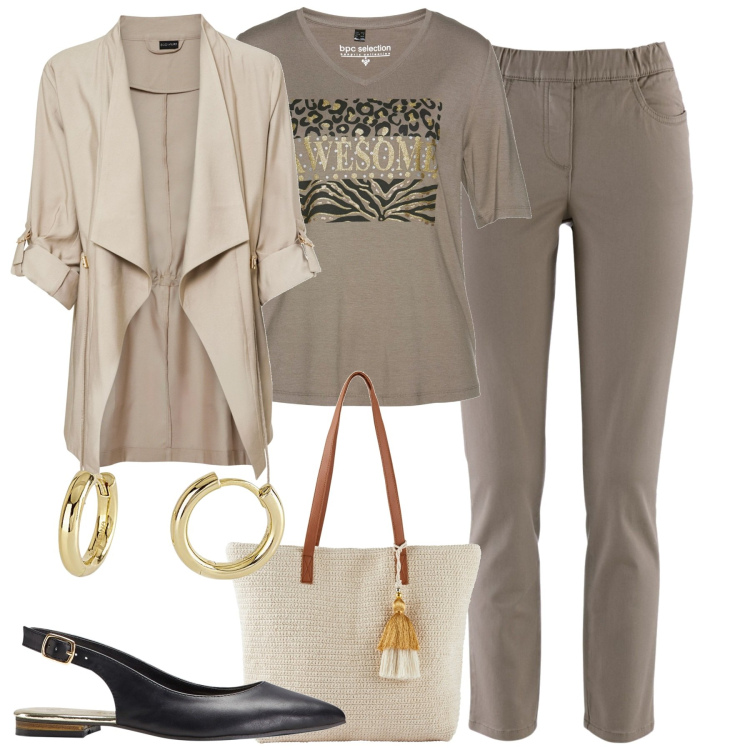 Outfit donna - I colori della terra. Stile Urban per Tutti i giorni. Abbinamento con pantaloni, ballerine, blazer, t-shirt, shopping bag, orecchini.