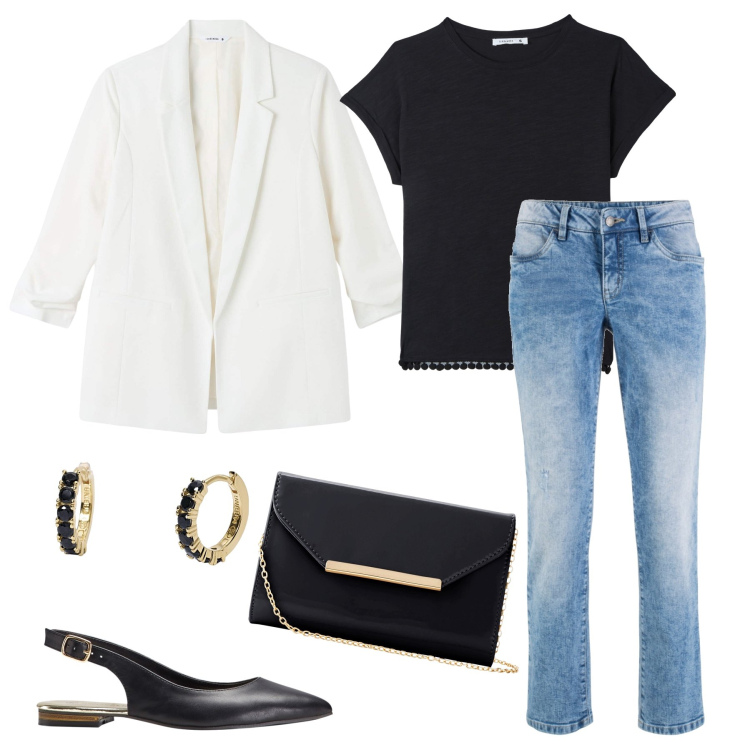Outfit donna - Bianco e nero. Stile Minimal per Tutti i giorni. Abbinamento con ballerine, jeans dritti, pochette, t-shirt, blazer, orecchini.