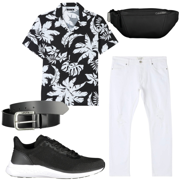 Outfit uomo - In camicia e jeans bianco. Stile Trendy per Tutti i giorni. Abbinamento con jeans strappati, camicie a manica corta, scarpe sportive, borse sportive, cinture.