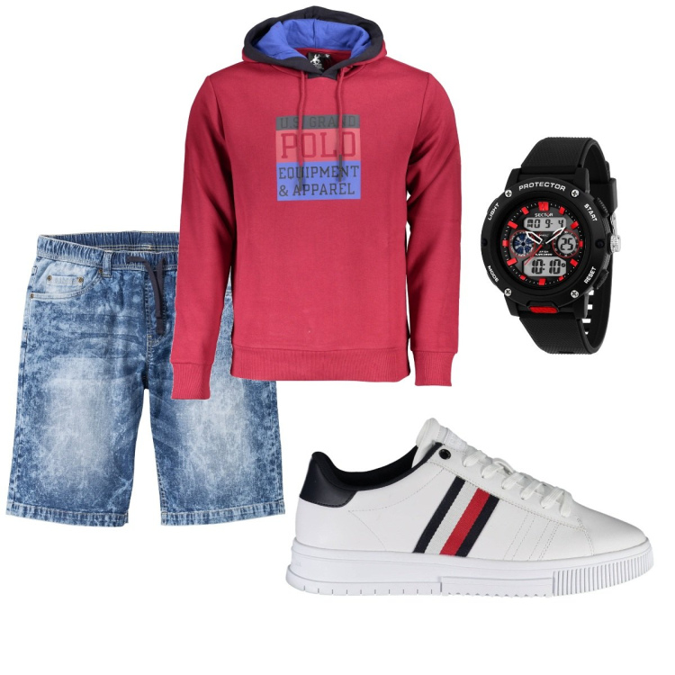 Outfit uomo - Total look #1861910. Stile Casual per Tutti i giorni. Abbinamento con bermuda, orologi digitali, scarpe sportive, felpe con cappuccio.