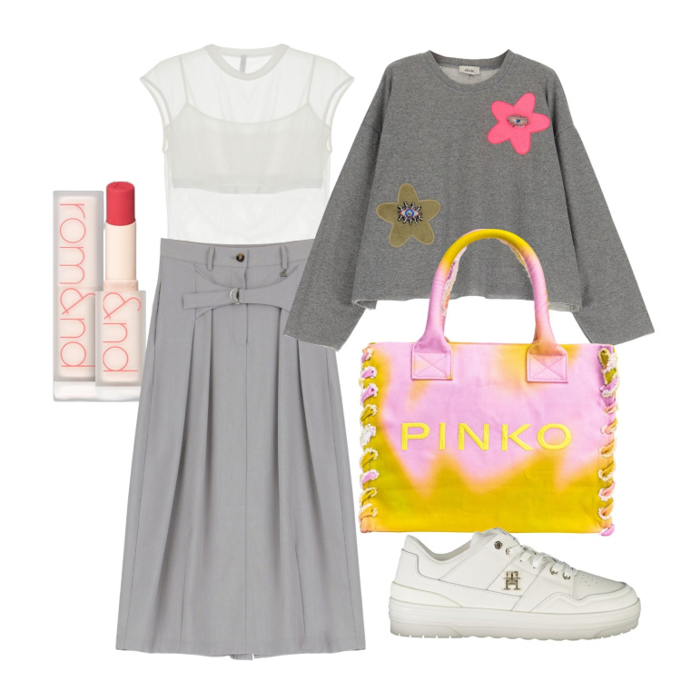 Outfit donna - Ghost outfitter - aprile. Stile Casual chic per Tutti i giorni. Abbinamento con rossetti, shopping bag, canottiere, gonne longuette, felpe, scarpe sportive.