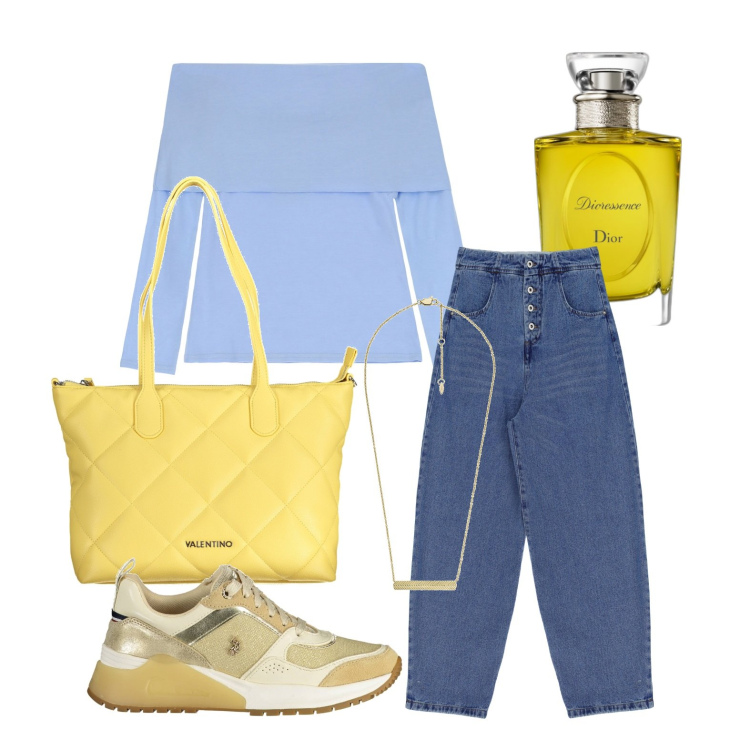 Outfit donna - Giallo e azzurro che sa di primavera. Stile Casual per Tutti i giorni. Abbinamento con collane, profumi, top, jeans, borse a spalla, scarpe sportive.