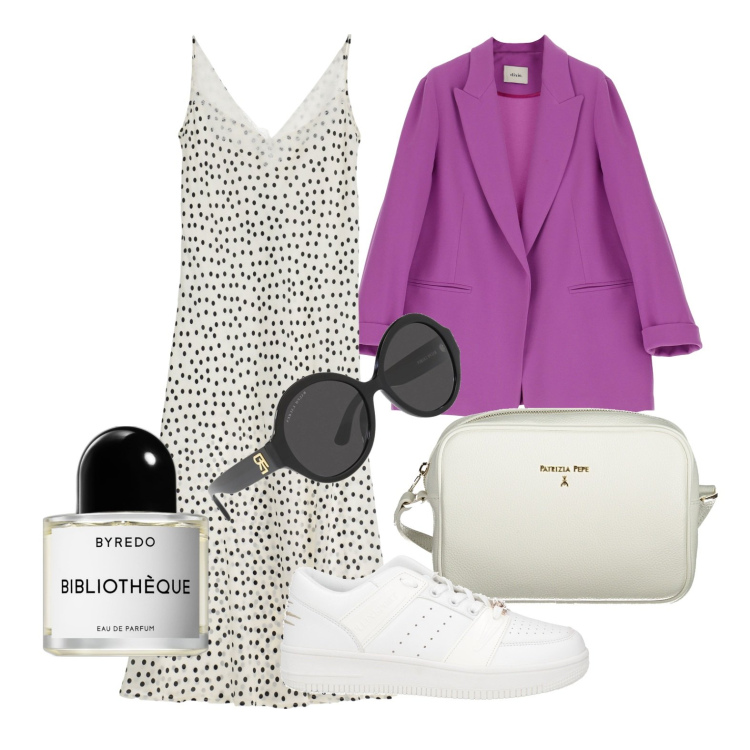 Outfit donna - New polka dots. Stile Trendy per Tutti i giorni. Abbinamento con sneakers, profumi, vestiti lunghi, blazer, occhiali da sole, borse a tracolla.