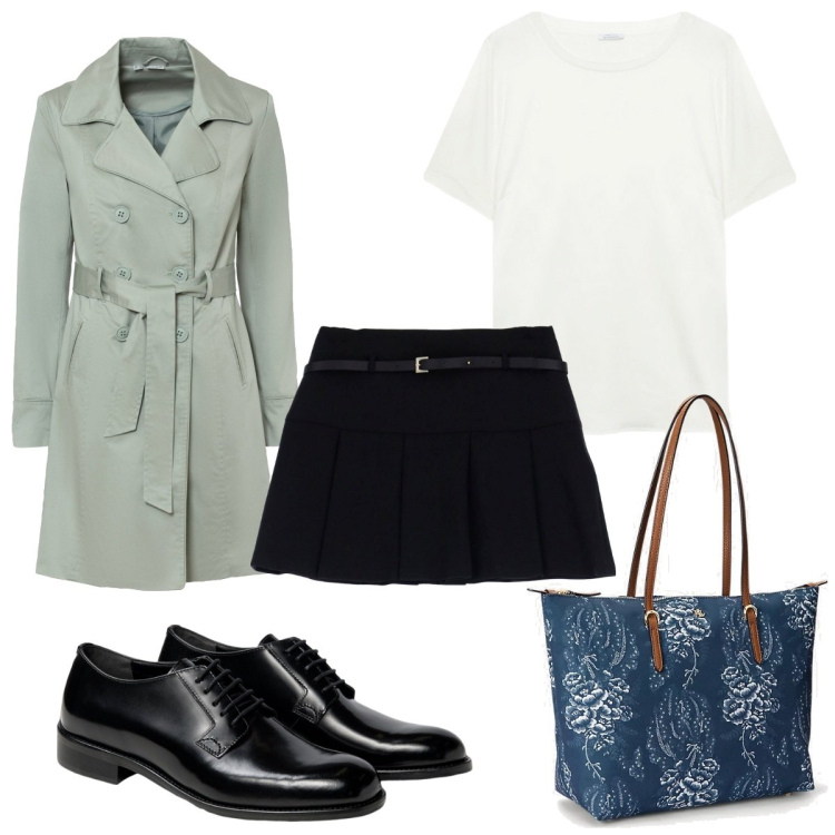 Outfit donna - Total look #1861978. Stile Trendy per Tutti i giorni. Abbinamento con trench, minigonne, borse tote, scarpe stringate, t-shirt.